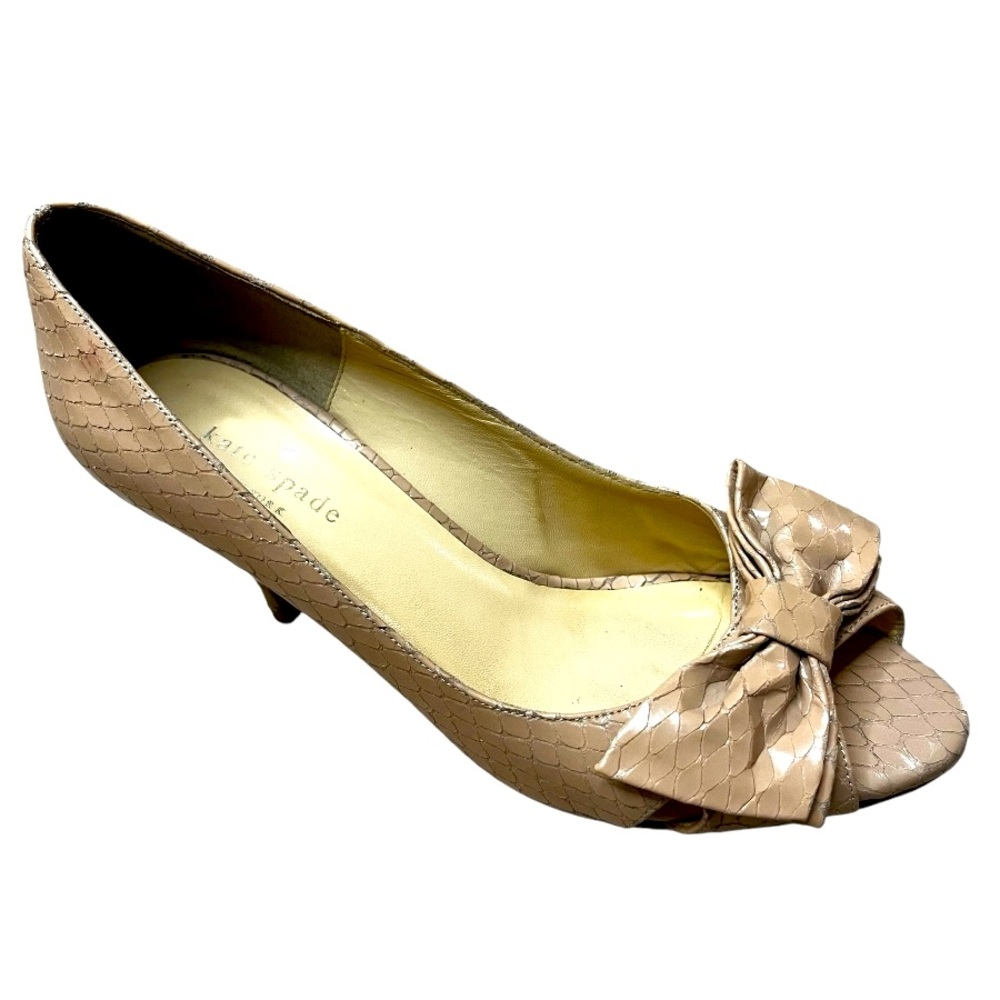 Kate Spade Nude Faux Snake Skin Peep Toe Heels.